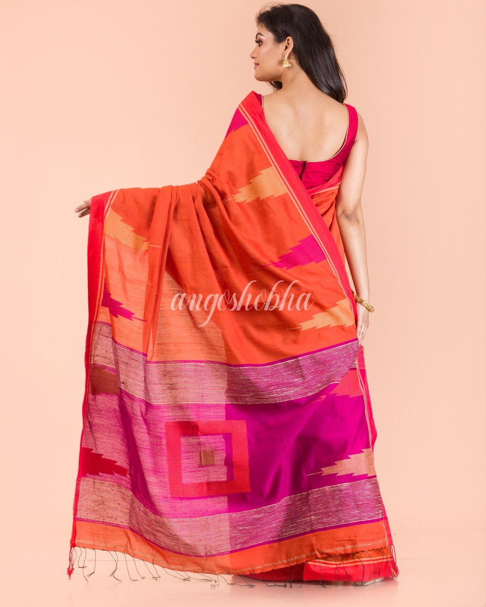 Orange Temple Border Blended Cotton Jamdani Saree angoshobha