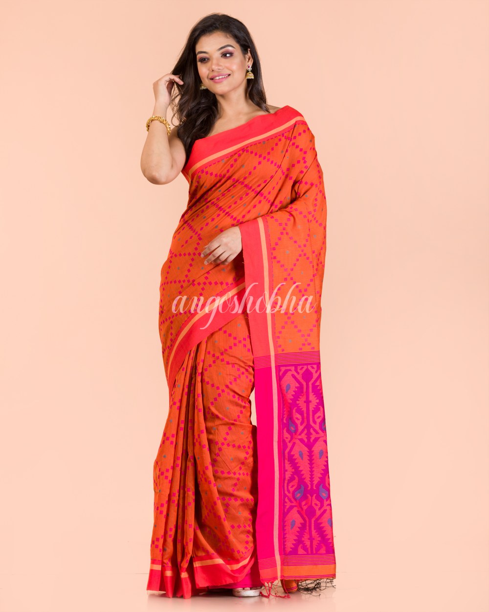 Orange Temple Border Blended Cotton Jamdani Saree angoshobha