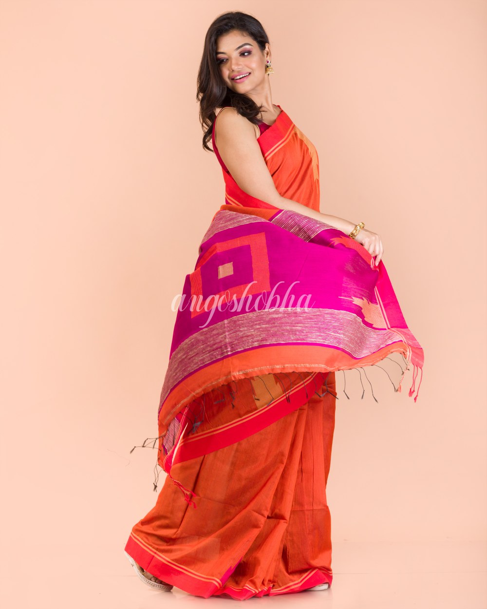 Orange Temple Border Blended Cotton Jamdani Saree angoshobha