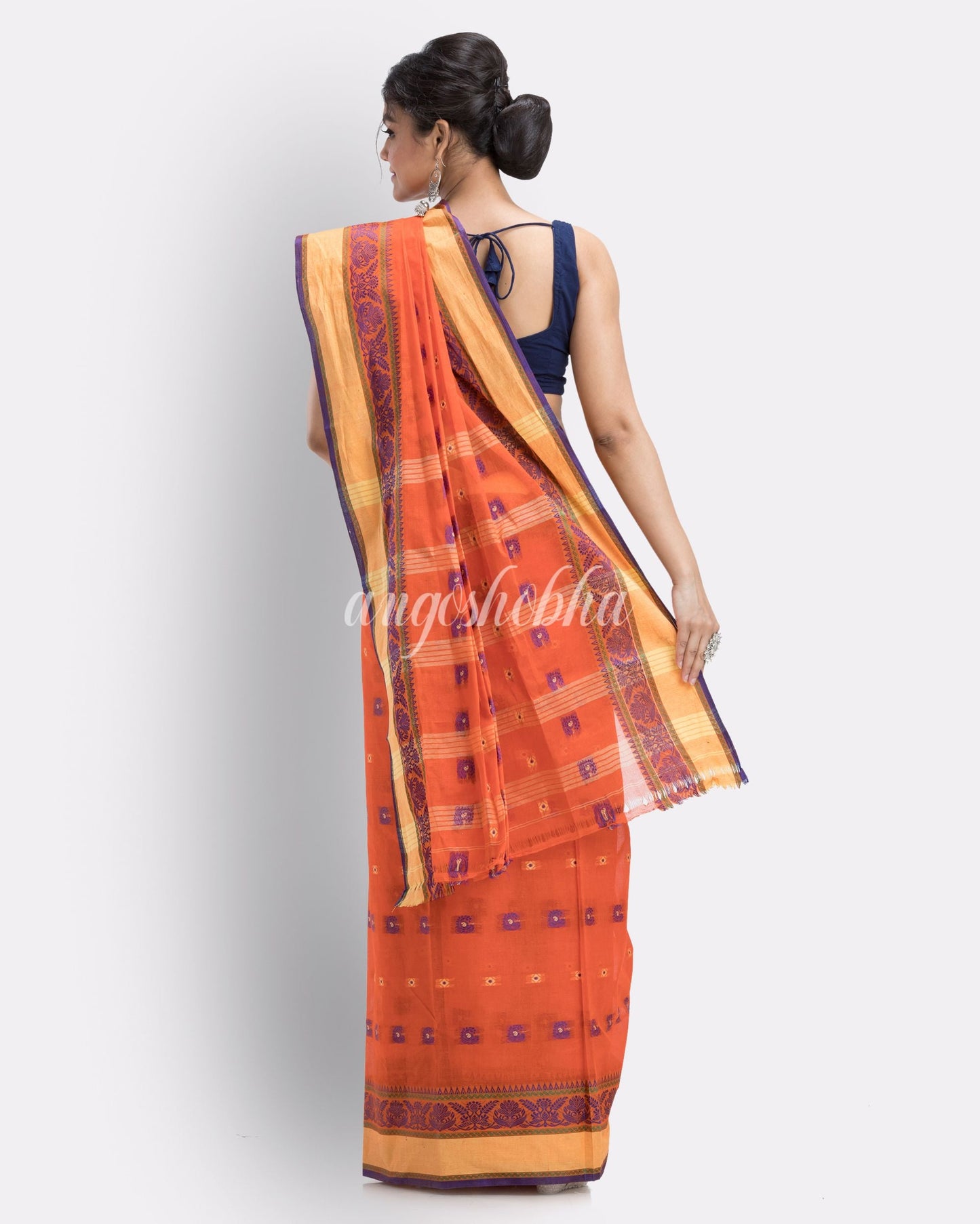 Orange Woven Design Pure Cotton Handwoven Tant Saree angoshobha