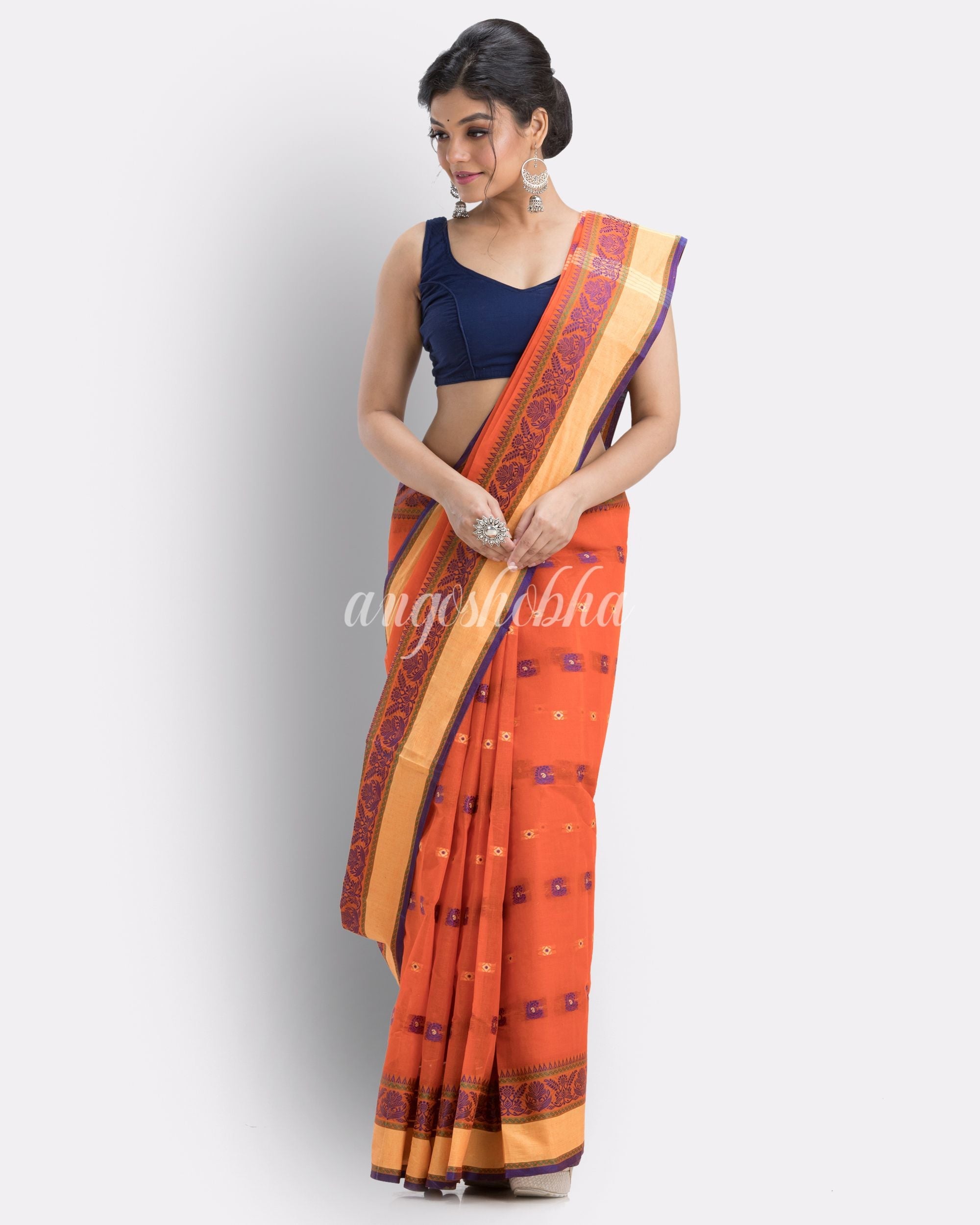 Orange Woven Design Pure Cotton Handwoven Tant Saree angoshobha