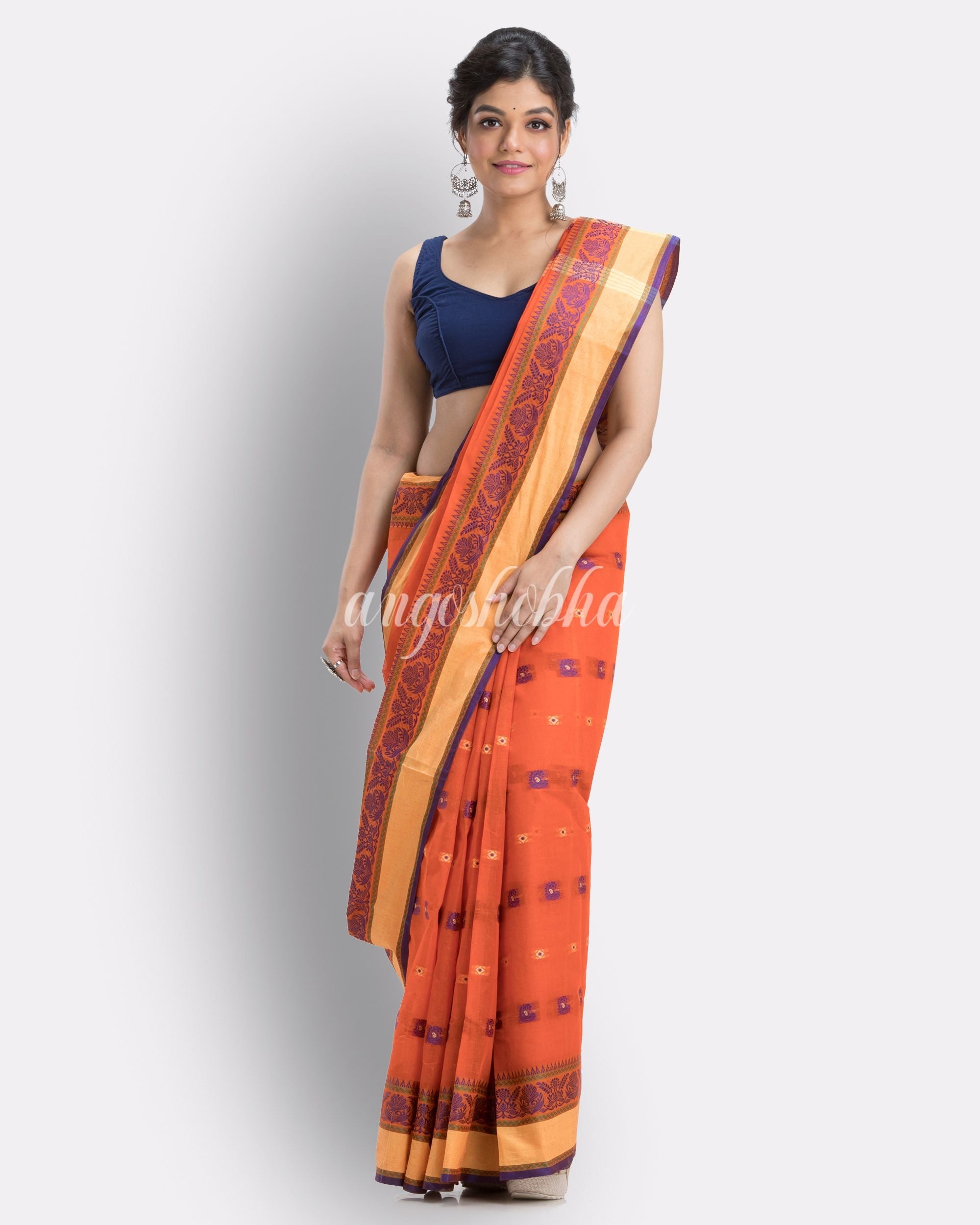 Orange Woven Design Pure Cotton Handwoven Tant Saree angoshobha
