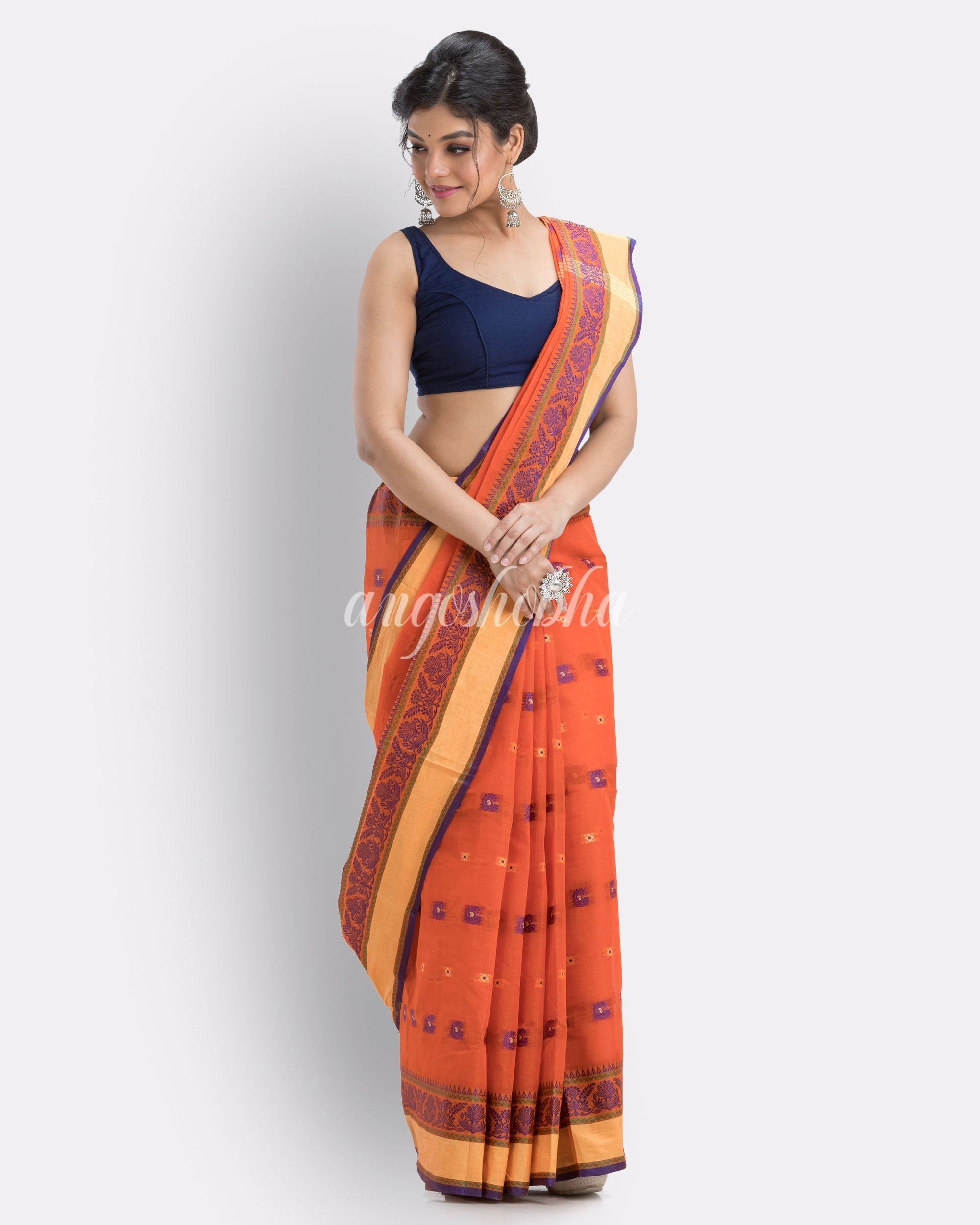Orange Woven Design Pure Cotton Handwoven Tant Saree angoshobha