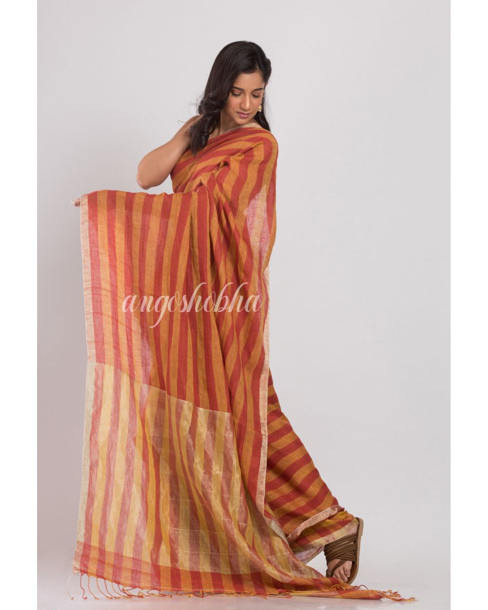 Orange and red stripes handwoven linen saree angoshobha