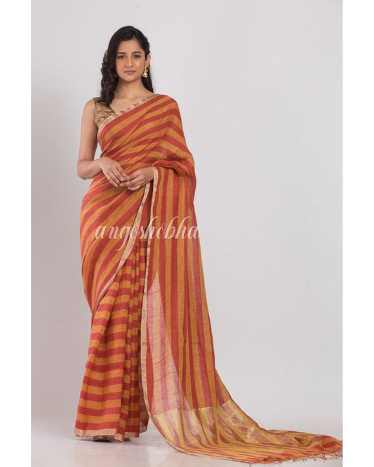 Orange and red stripes handwoven linen saree angoshobha