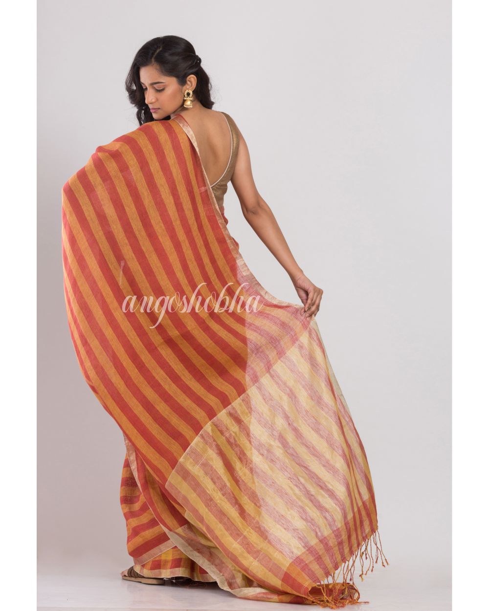 Orange and red stripes handwoven linen saree angoshobha