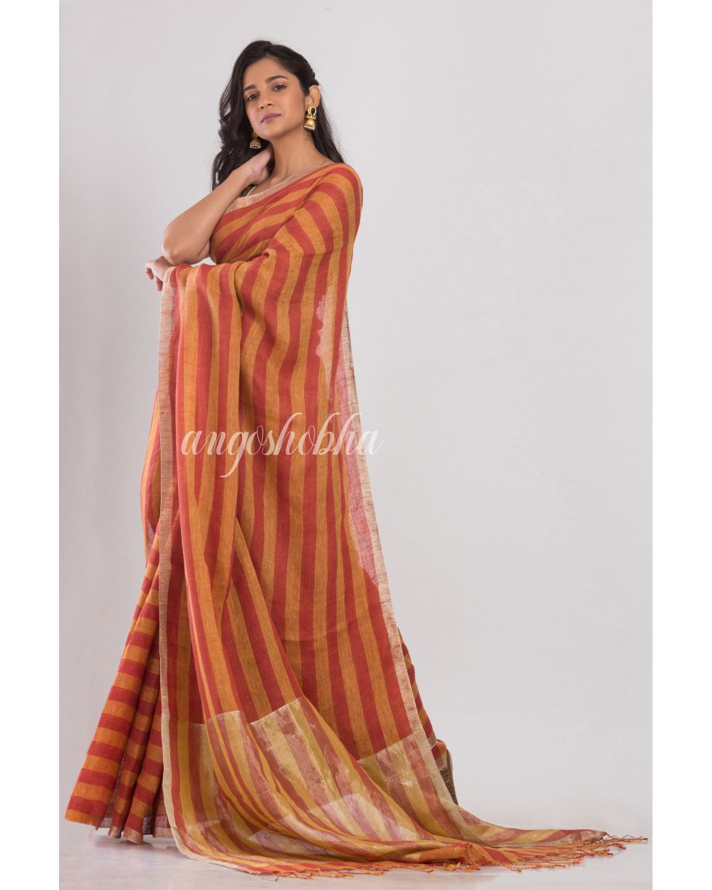 Orange and red stripes handwoven linen saree angoshobha
