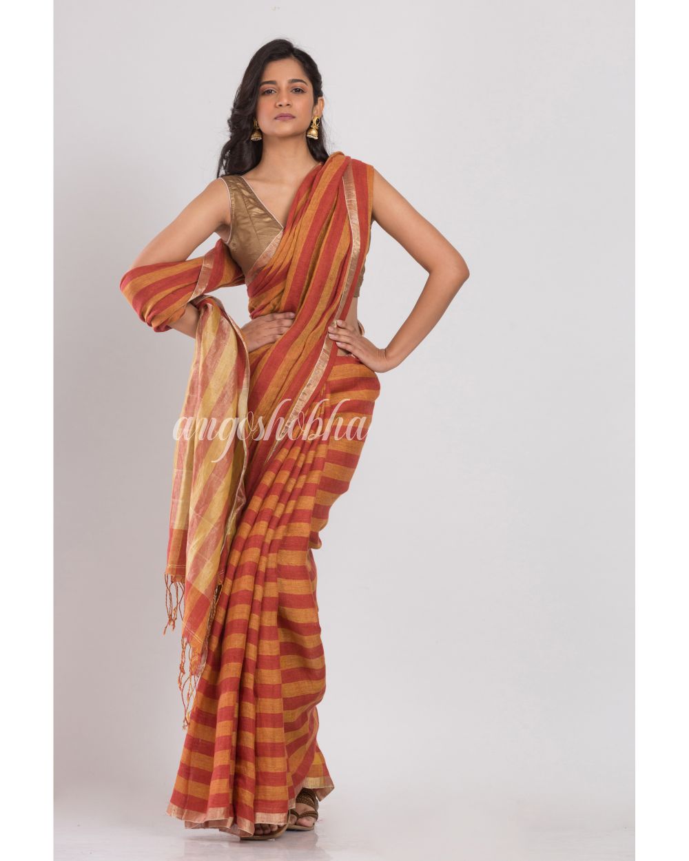 Orange and red stripes handwoven linen saree angoshobha