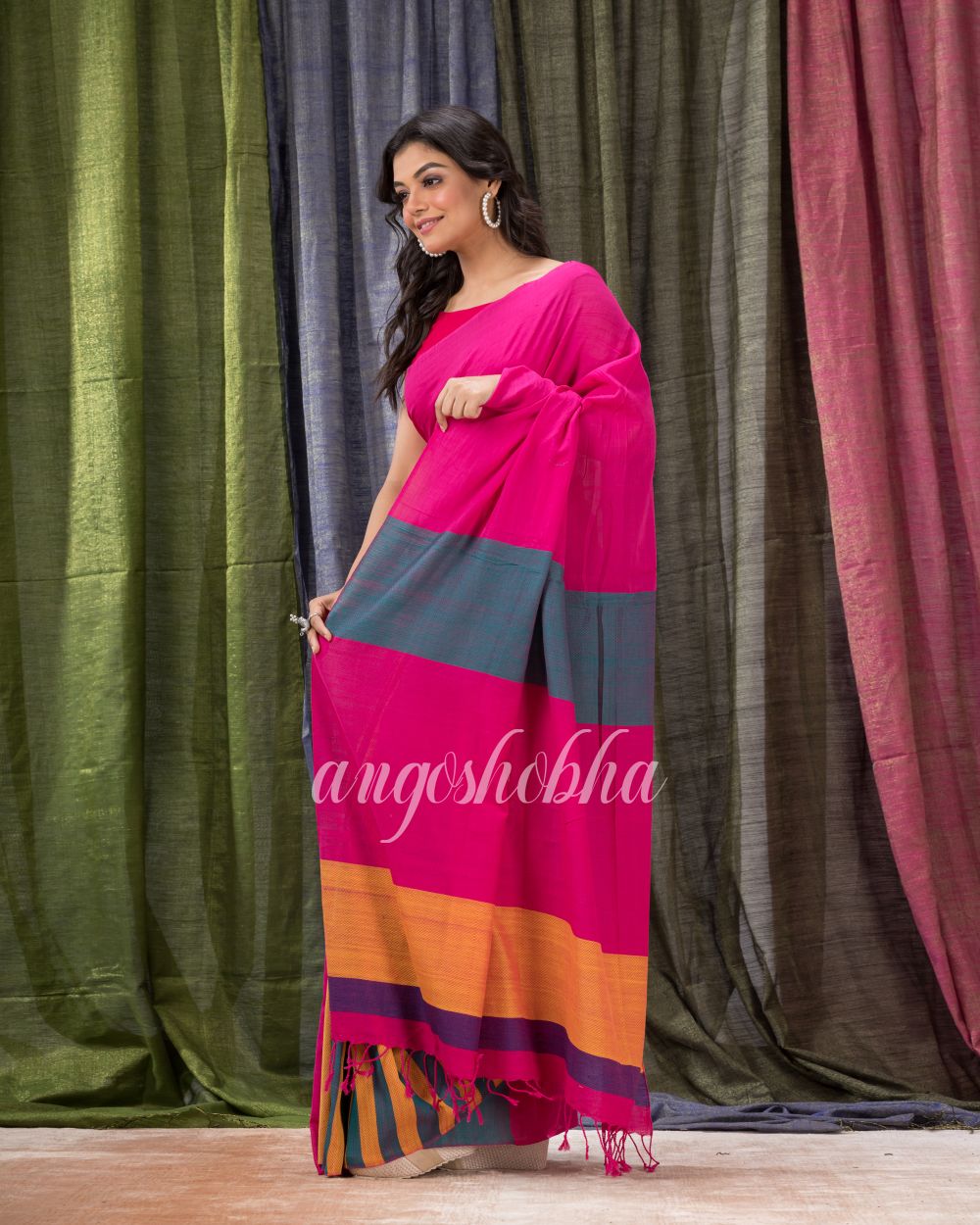 Pantone Pink Handwoven Cotton Saree angoshobha