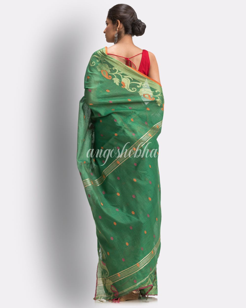 Parrot Green Cotton Blend Handloom Tangail Saree angoshobha