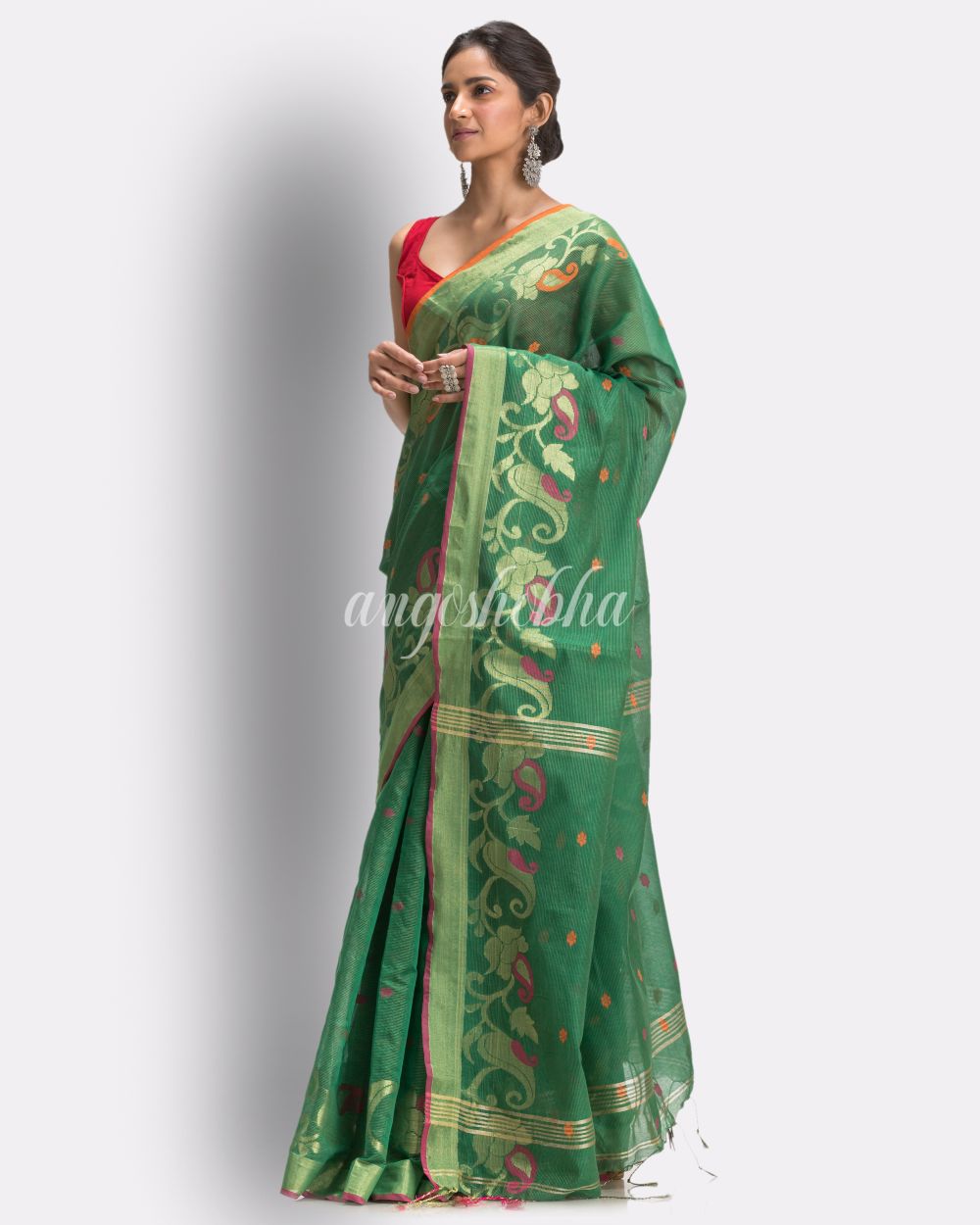 Parrot Green Cotton Blend Handloom Tangail Saree angoshobha