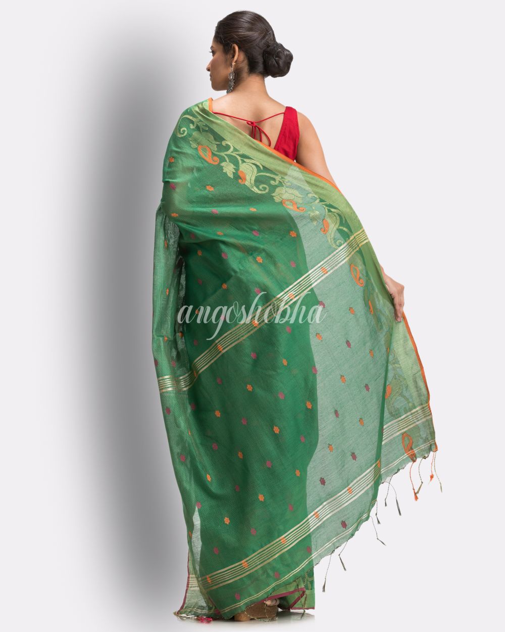 Parrot Green Cotton Blend Handloom Tangail Saree back side angoshobha