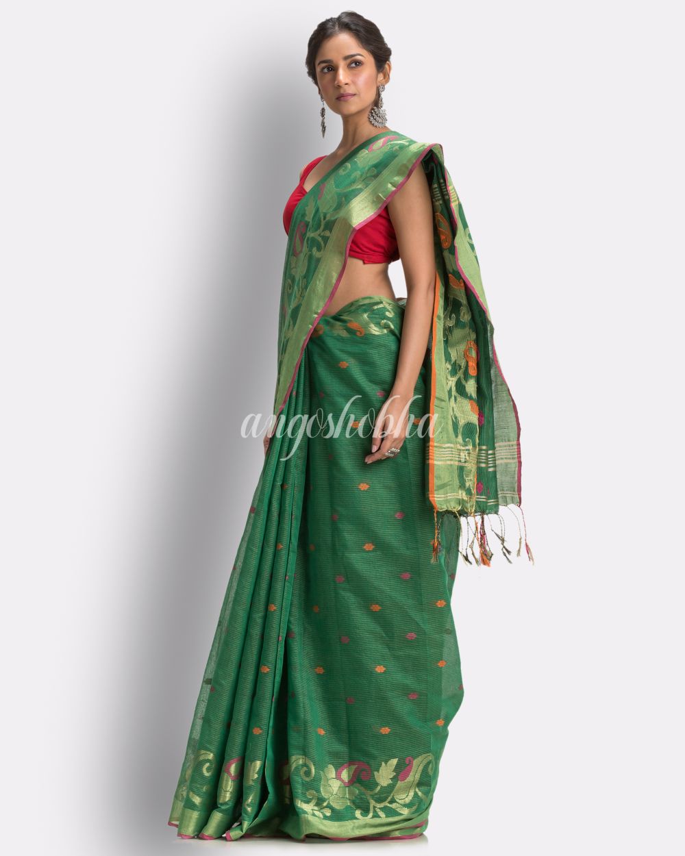 Parrot Green Cotton Blend Handloom Tangail Saree side angoshobha