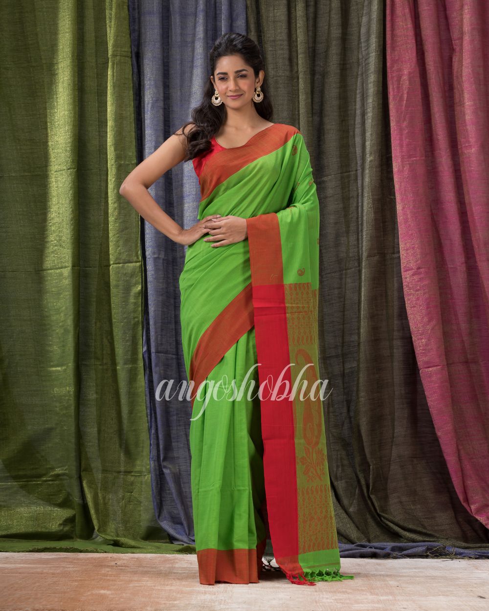 Parrot Green Cotton Tangail Festive Saree angoshobha