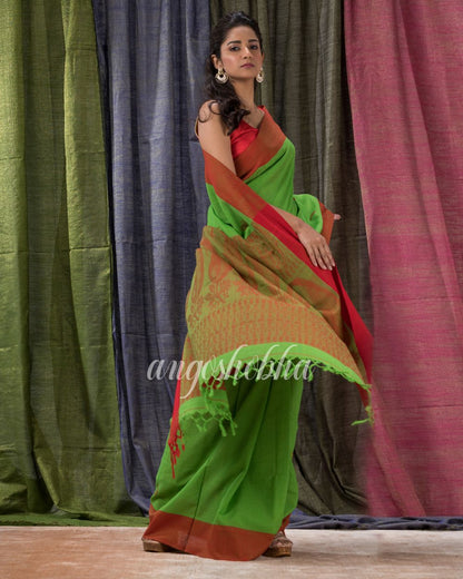 Parrot Green Cotton Tangail Festive Saree angoshobha