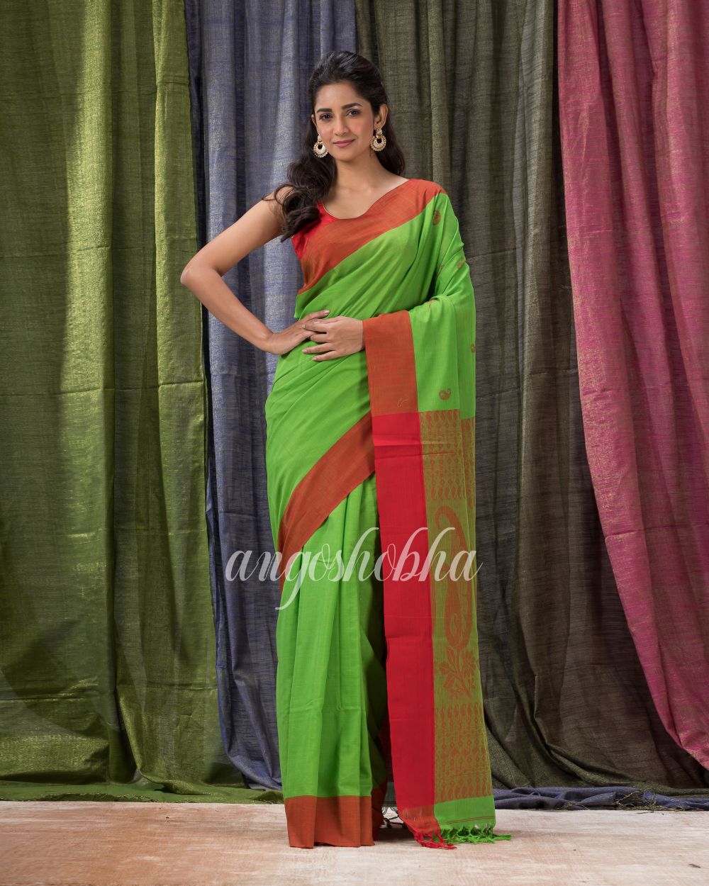 Parrot Green Cotton Tangail Festive Saree angoshobha