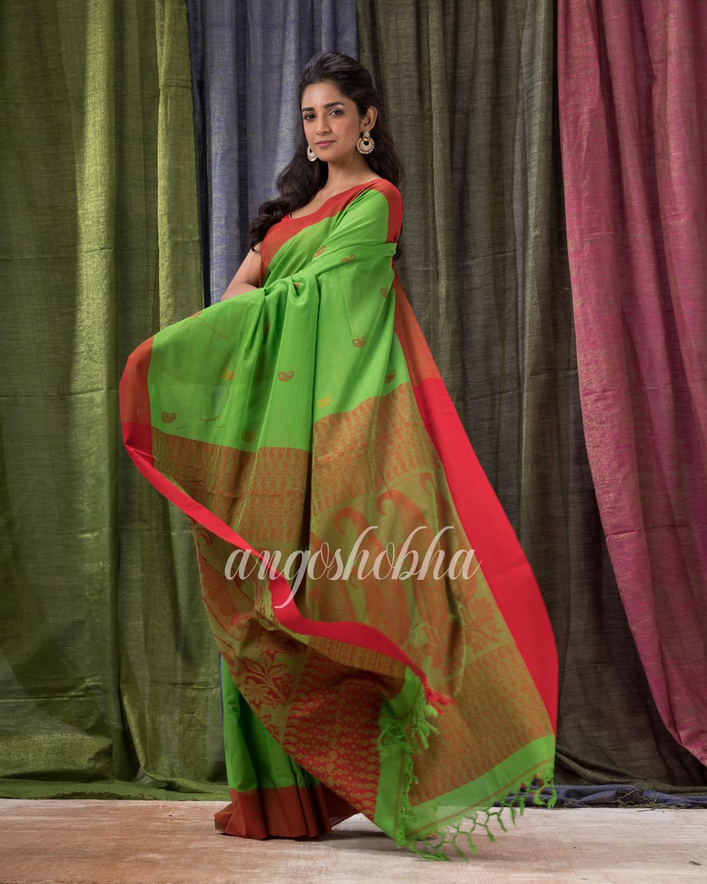 Parrot Green Cotton Tangail Festive Saree angoshobha