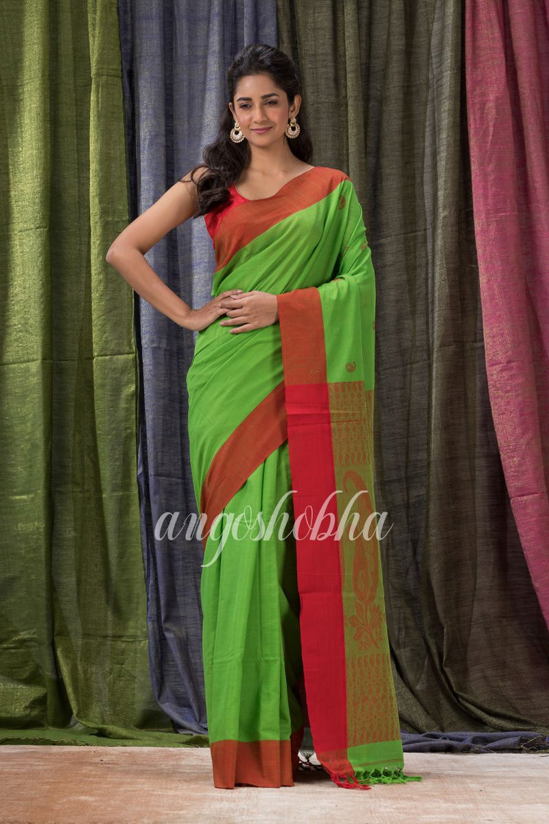 Parrot Green Cotton Tangail Festive Saree