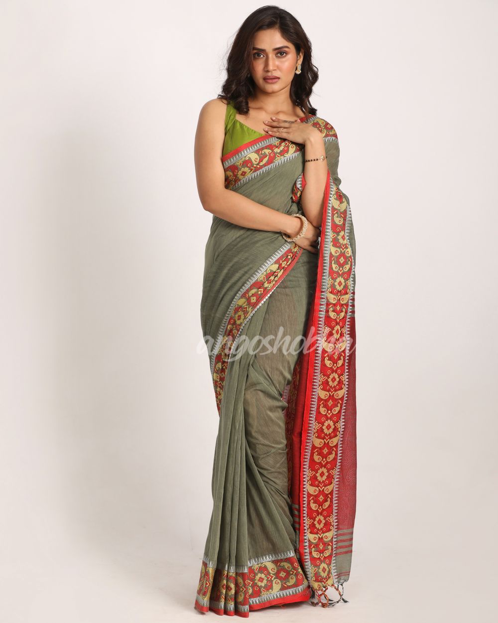 Pastel Grey Handloom Cotton Tangail Saree angoshobha