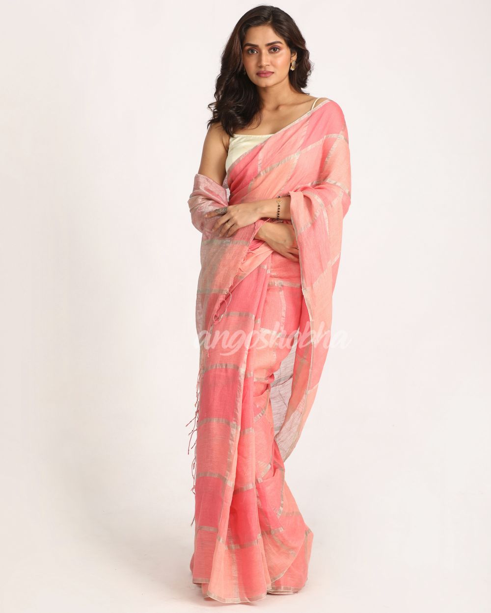 Pastel Pink Traditional Handloom Check Linen Saree angoshobha