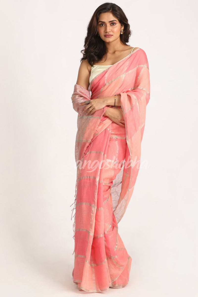 Pastel Pink Traditional Handloom Check Linen Saree