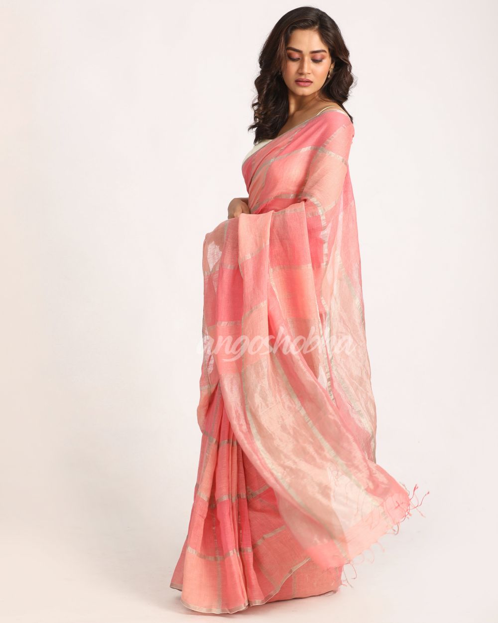 Pastel Pink Traditional Handloom Check Linen Saree angoshobha