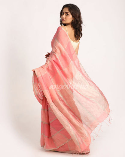 Pastel Pink Traditional Handloom Check Linen Saree angoshobha