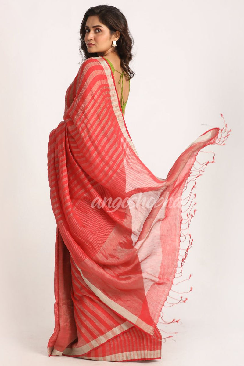Pastel Red Traditional Handloom Check Linen Saree