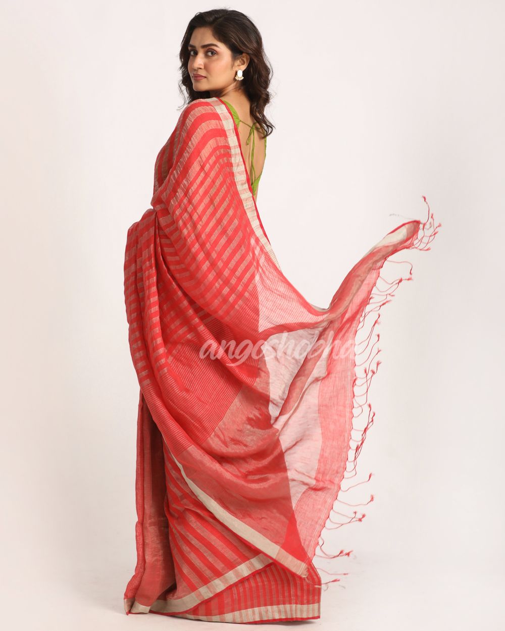 Pastel Red Traditional Handloom Check Linen Saree angoshobha