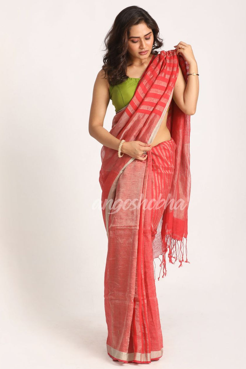 Pastel Red Traditional Handloom Check Linen Saree