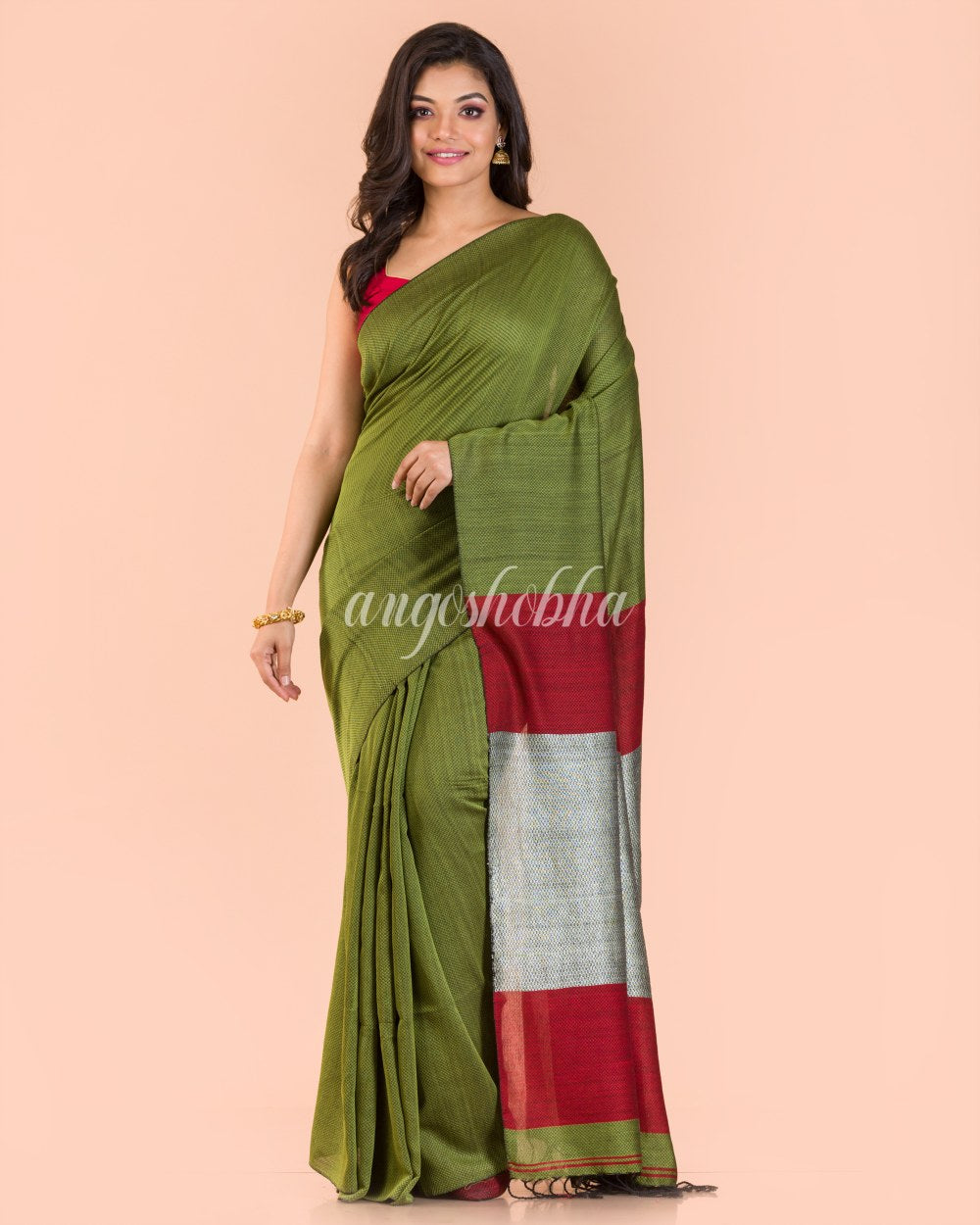 Pea Green Handwoven Cotton Saree angoshobha