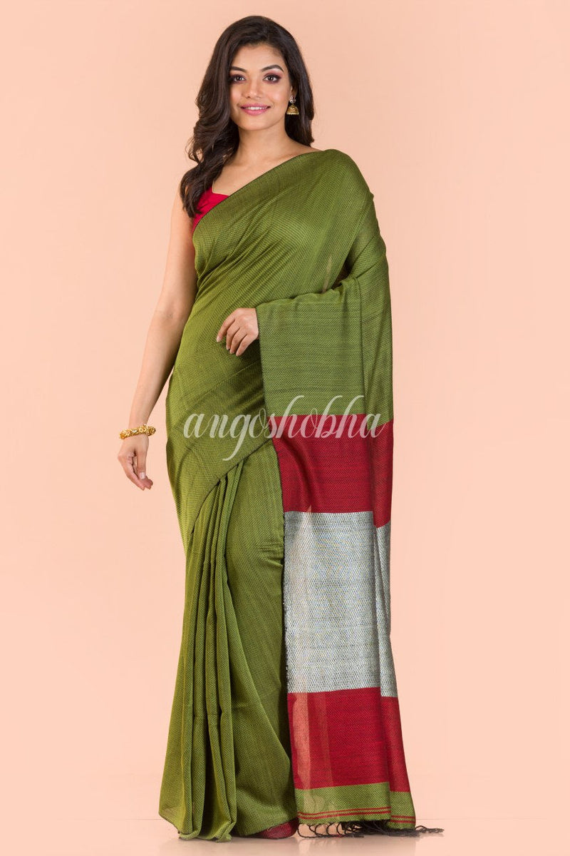 Pea Green Handwoven Cotton Saree