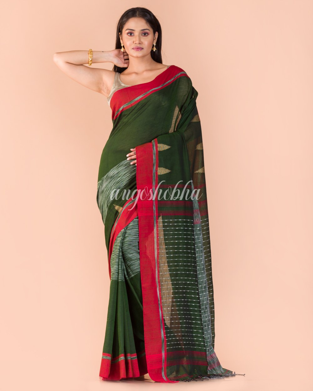 Pea green Handwoven Cotton Saree angoshobha