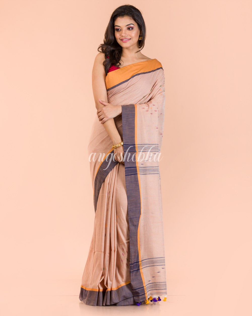 Peach Cotton Jamdani Saree angoshobha