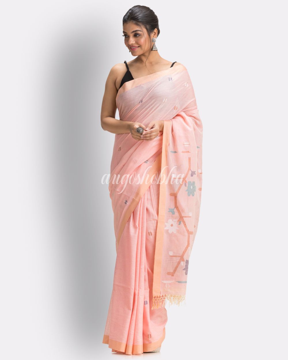 Peach Handloom Cotton Jamdani saree angoshobha