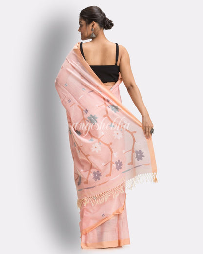 Peach Handloom Cotton Jamdani saree angoshobha