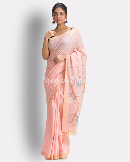 Peach Handloom Cotton Jamdani saree angoshobha