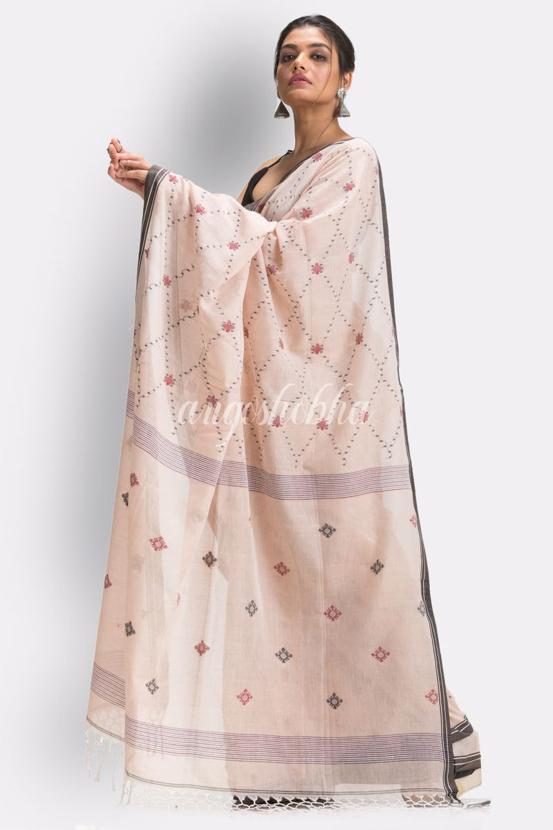 Peach Handloom Cotton Jamdani saree