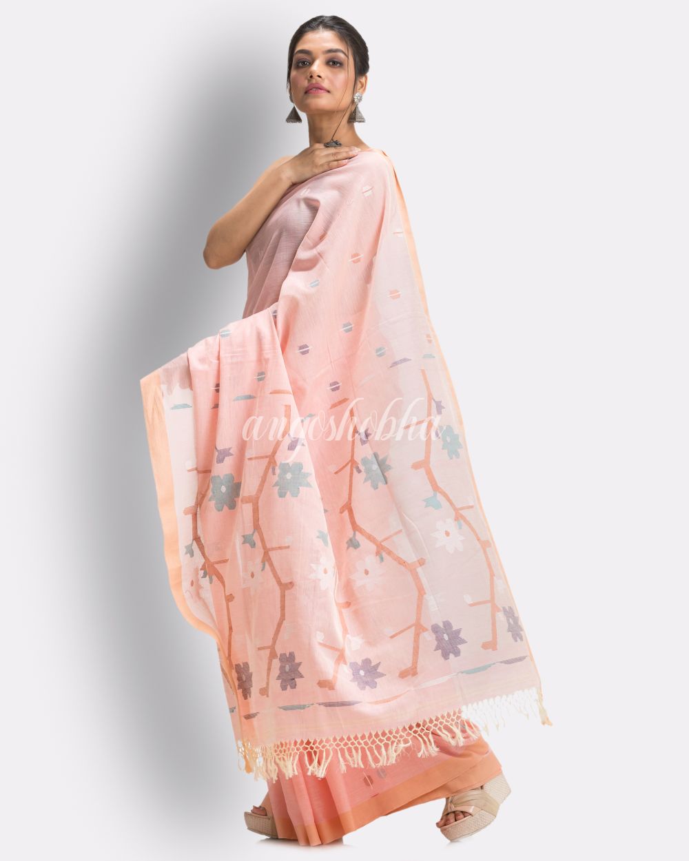 Peach Handloom Cotton Jamdani saree angoshobha