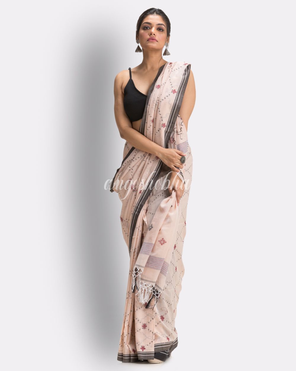 Peach Handloom Cotton Jamdani saree angoshobha
