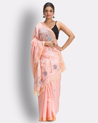 Peach Handloom Cotton Jamdani saree angoshobha