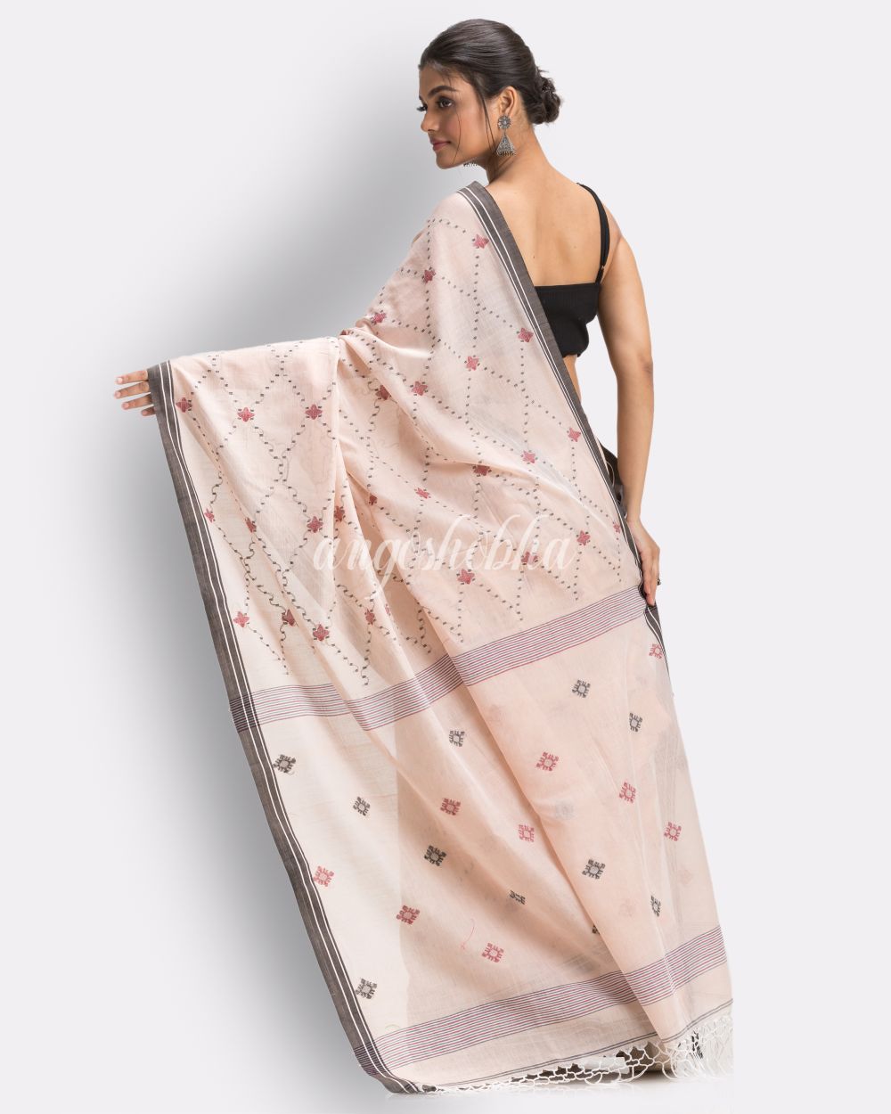 Peach Handloom Cotton Jamdani saree angoshobha