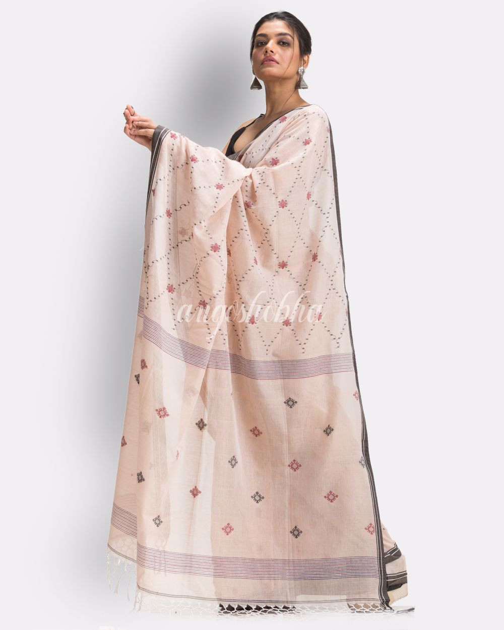 Peach Handloom Cotton Jamdani saree angoshobha
