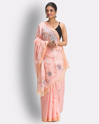 Peach Handloom Cotton Jamdani saree angoshobha