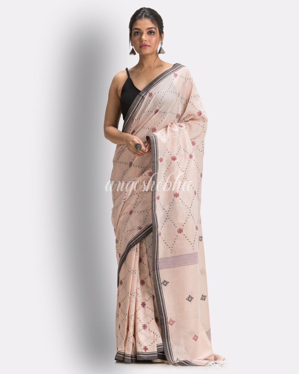 Peach Handloom Cotton Jamdani saree angoshobha