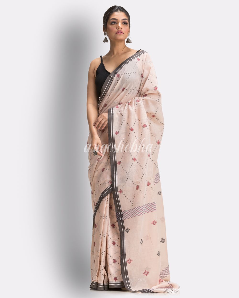 Peach Handloom Cotton Jamdani saree angoshobha