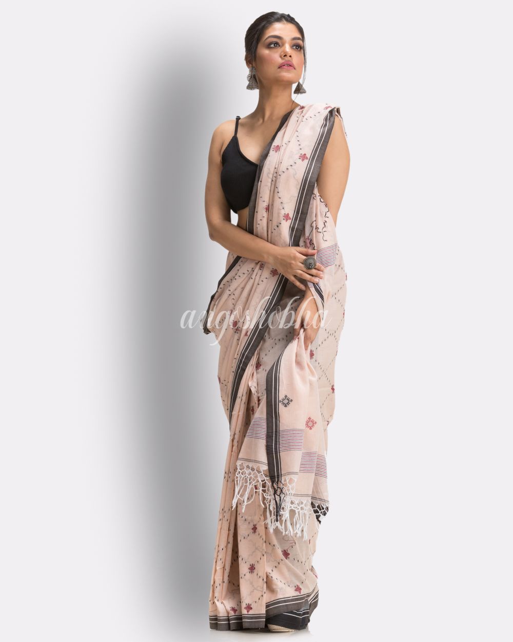 Peach Handloom Cotton Jamdani saree angoshobha