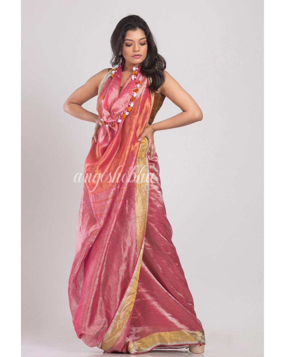 Peach Handwoven Linen Tissue Saree angoshobha