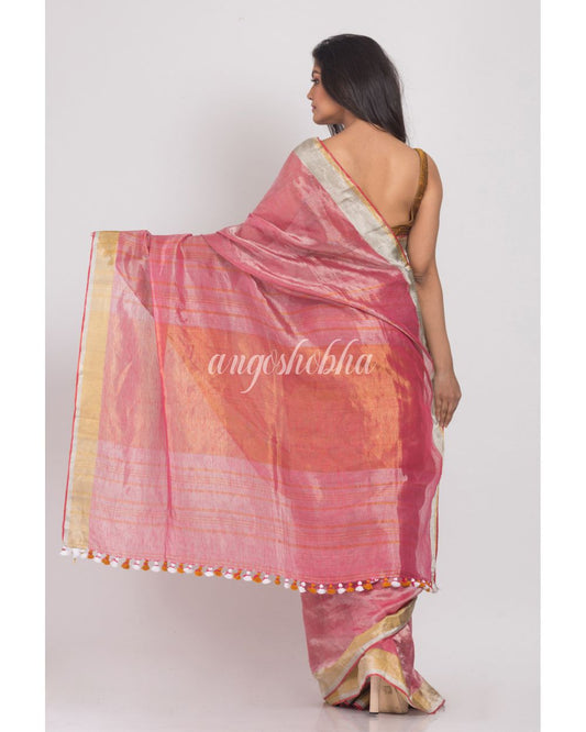 Peach Handwoven Linen Tissue Saree angoshobha