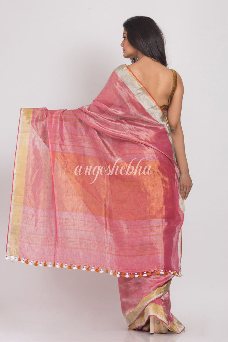 Peach Handwoven Linen Tissue Saree